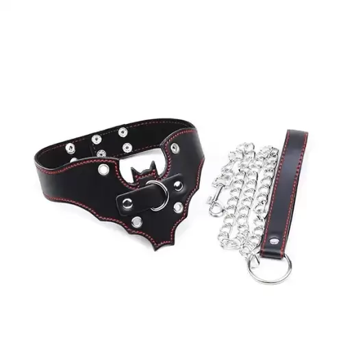 Genuine Leather Bat Shape Collar With Chain Leash