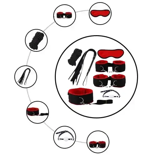Red & Black 7 Pcs set BDSM Bondage Kit Handcuffs