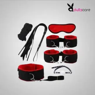 Red & Black 7 Pcs set BDSM Bondage Kit Handcuffs